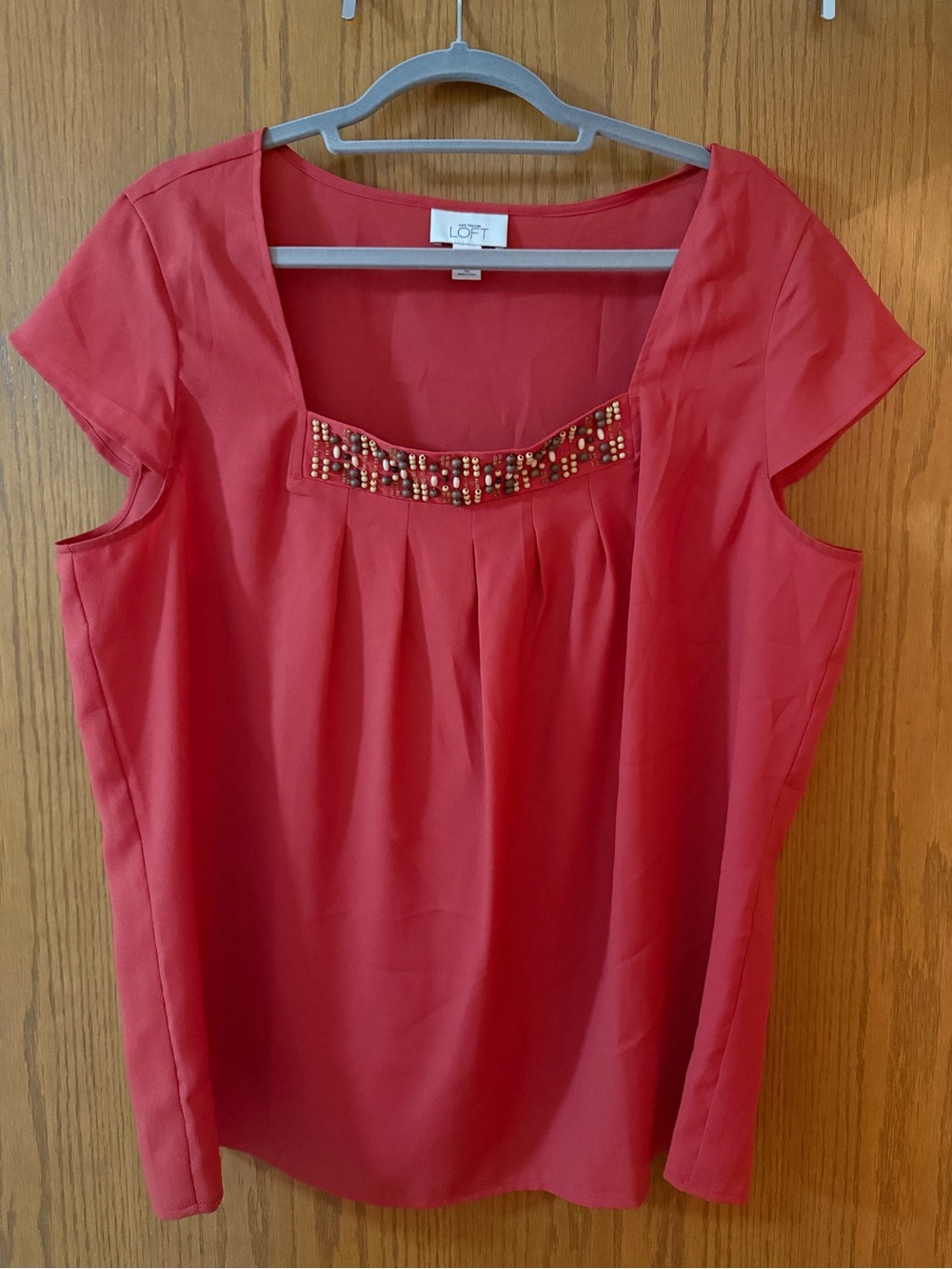 LOFT Coral Red Beaded Square Neck Capì Sleeve Blouse